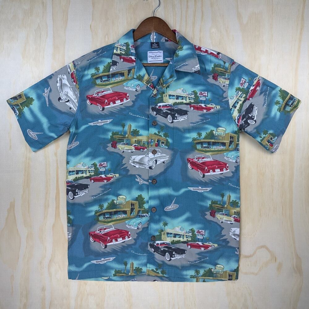 David Carey Men's Medium Ford Thunderbird Classic Car Diner Camp Shirt Blue